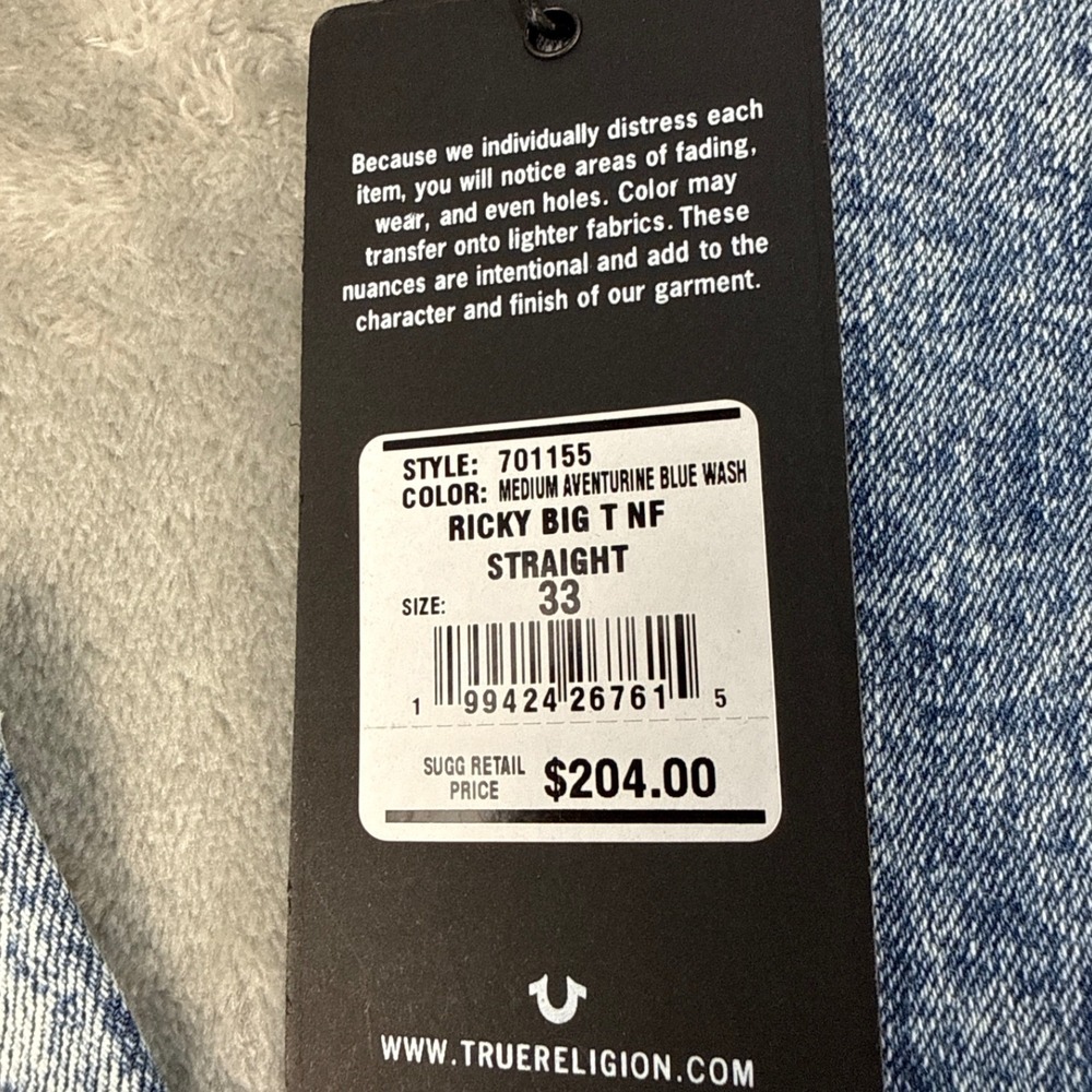 True Religion Jeans Mens 33 Ricky Big T NF Blue Acid Wash Straight NEW - Picture 3 of 11